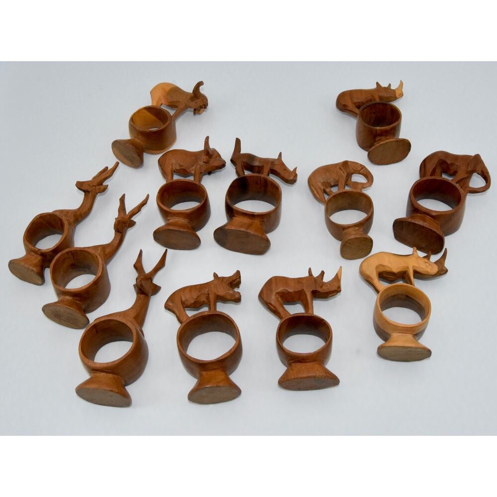 Whimsical Hand Carved Wood African Sculpture Safari Animal Napkin Ring Holders